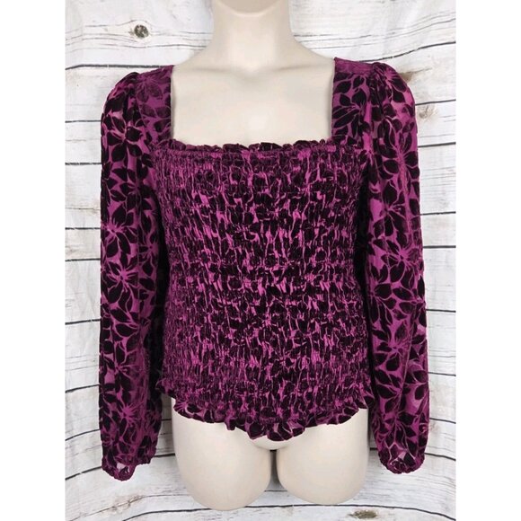 Torrid Velvet Burnout Floral Top 2 2X Smocked Maroon Whimsigoth Fairy Long Slv - Picture 1 of 8